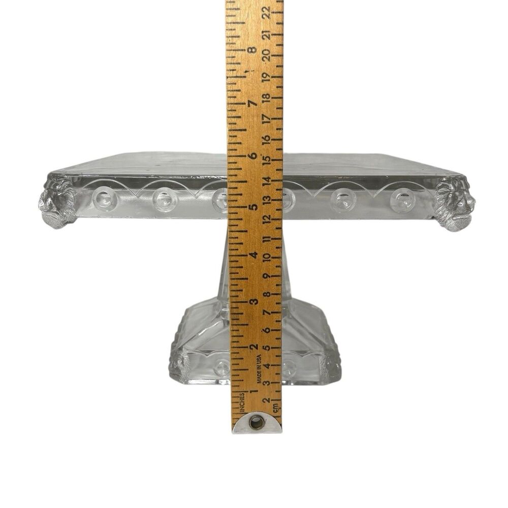 Rare Fostoria "Atlanta" Pattern Square Lion Glass Footed Pedestal Cake Stand - Picture 8 of 8